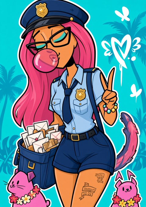 A vibrant anime-style illustration of a pink-haired female police officer blowing a bubble gum bubble, holding a peace sign, with a mailbag and small pink cats, featuring "♡3" graffiti.
