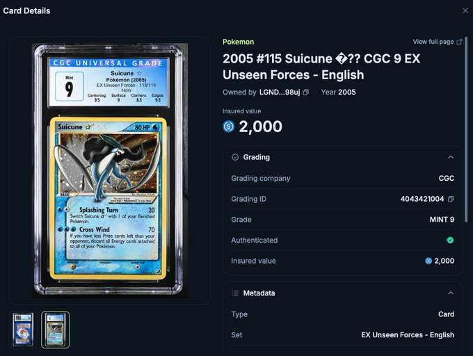 A digital card details screen showing a CGC graded Mint 9 Suicune Pokemon card from the 2005 EX Unseen Forces set with an insured value of $2,000.