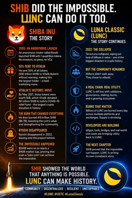Comparison infographic titled 'SHIB DID THE IMPOSSIBLE. LUNC CAN DO IT TOO' contrasting the rise of Shiba Inu and the Terra Luna Classic comeback story, emphasizing community and resilience.