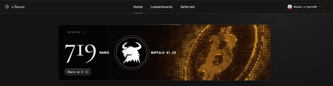 A dark-themed leaderboard screen from 'z-factor' showing Season 1, user 'Balea_crypto8' with 719 Ranks and a 'BUFFALO' badge.