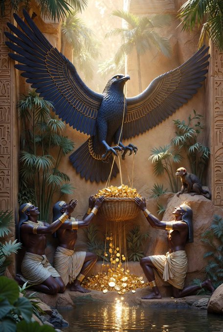 An artistic depiction of an Egyptian scene featuring a large blue-winged falcon hovering over a basket of gold coins held by kneeling figures in ancient attire, with hieroglyphs in the background.