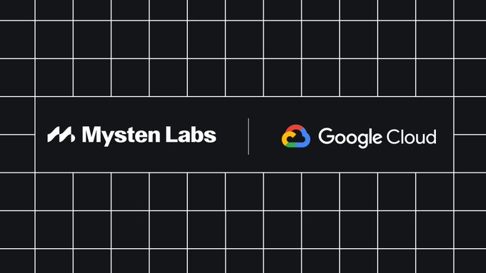 A black graphic with a grid pattern showing the logos for 'Mysten Labs' and 'Google Cloud' side by side.