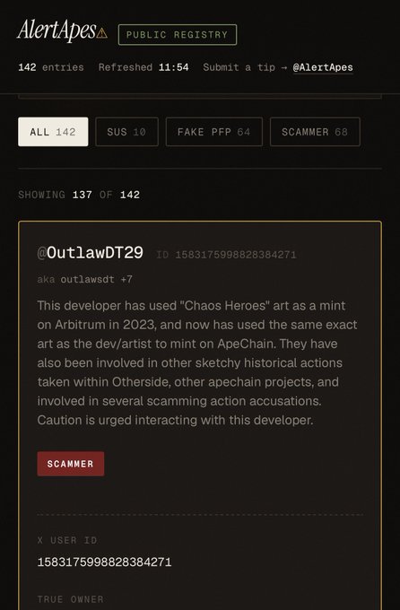 A screenshot of AlertApes Public Registry flagging user 'OutlawDT29' (ID: 1583175998828384271) as a 'SCAMMER' for using stolen 'Chaos Heroes' art as a mint on ApeChain.