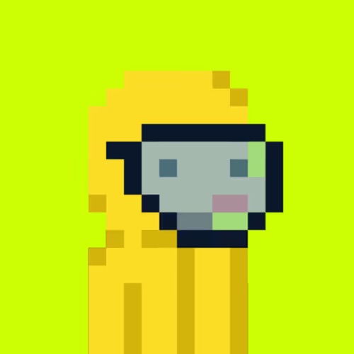 A pixel art image shows a yellow, hooded figure with a gray, visor-like face on a bright yellow-green background.