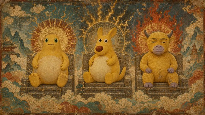AI-generated artwork depicting three yellow characters (Doge, a kangaroo/bunny, and a horned creature) seated as Buddhist deities on ornate thrones against a traditional Asian landscape backdrop.
