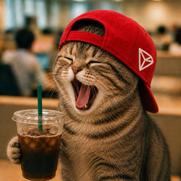 A cat wearing a red cap with a TRON logo yawns widely next to a cup of iced coffee, visually echoing the post's theme of TRON ecosystem fatigue—perhaps from the rapid demand and "rapid" growth pace of BTFS decentralized data storage solutions.