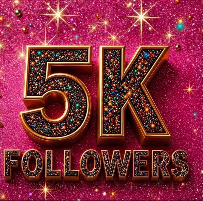 A vibrant graphic displays the text '5K FOLLOWERS' in large, glittering, gem-encrusted gold letters against a sparkly pink and magenta background.