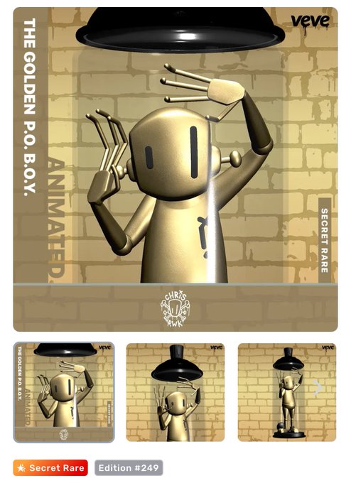 A digital collectible card from VeVe titled "THE GOLDEN P.O. B.O.Y." showing a golden robot figure under a lamp, labeled as "ANIMATED", "Secret Rare", "Edition #249", by Chris Milks (CHRMSWORK).