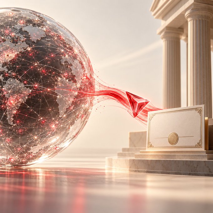 A digital artwork featuring a glowing red network globe connected by a red stream to a red crystal, set against a classical temple with columns and a certificate podium.