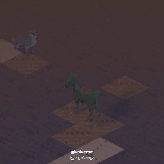 Isometric pixel art scene with a green horse and a smaller blue horse standing on square platform tiles, branded 'gluniverse' and '@GigaNeega'.
