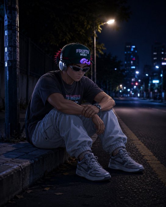 An AI-generated image of a young man sitting on a curb at night on a city street, wearing a "FRUITS WEBS" cap, headphones, sunglasses, and gray sneakers.