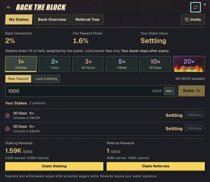 A cryptocurrency staking interface titled 'BACK THE BLOCK' displays options like 'My Stakes' and 'Bank Overview', showing a 2% bank ownership, various lock periods (1x to 20x), and a current staking value of $DICE tokens.