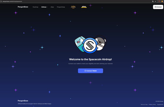 The image shows the PengüinBase airdrop page for $SPACE, featuring a "Welcome to the Spacecoin Airdrop!" message with cartoon penguin mascots and a "Connect Wallet" button, which aligns with the post announcing the reopening of the airdrop portal for an additional 7 days to claim $SPACE allocations.