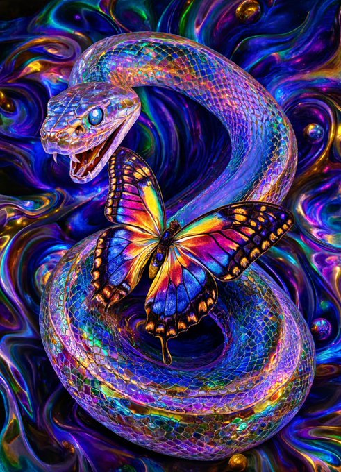 A vibrant digital artwork featuring a shimmering iridescent snake coiled around a colorful monarch butterfly against a swirling, psychedelic purple and multicolored background, embodying the "Ouroboros" theme of cyclical transformation and renewal. The piece is being released as a 10-edition NFT drop on objkt.com for 20 XTZ each, created by @art_club1983 as part of @Sneketoshi's open collaboration.