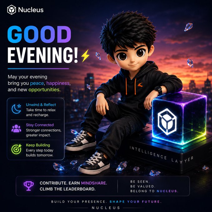 A stylized 3D cartoon character in a black hoodie sits on a glowing cube labeled "INTELLIGENCE LAYER," with a city skyline sunset backdrop, promoting the "GOOD EVENING!" message from Nucleus, highlighting themes of contributing, earning mindshare, and climbing the leaderboard to build reputation in Web3.