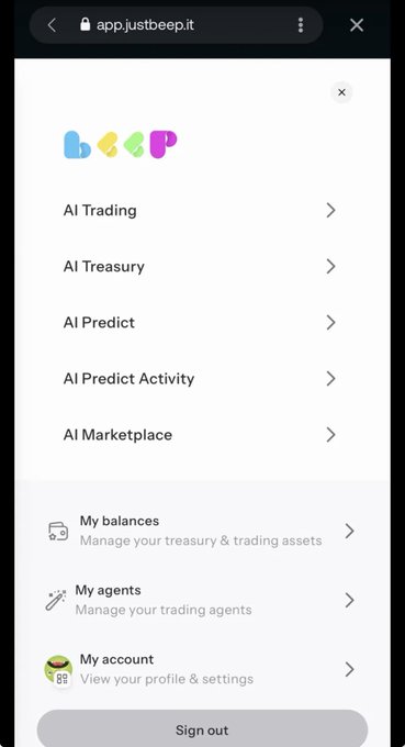 A screenshot of the justbeep.it app menu showing AI-powered DeFi options including AI Trading, AI Treasury, AI Predict, AI Predict Activity, and AI Marketplace, along with account management sections for balances, agents, and profile settings. The image highlights the platform's user interface advertised in the post, which promotes passive earning opportunities with yields like 10.26% APY on SUI Dollar and 15.34% on $DEEP.