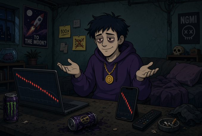 An illustrated cartoon of a young man in a purple hoodie wearing a Bitcoin necklace, shrugging next to a laptop and chart showing a downward red trend, with posters reading 'TO THE MOON?' and 'DON'T SELL'.