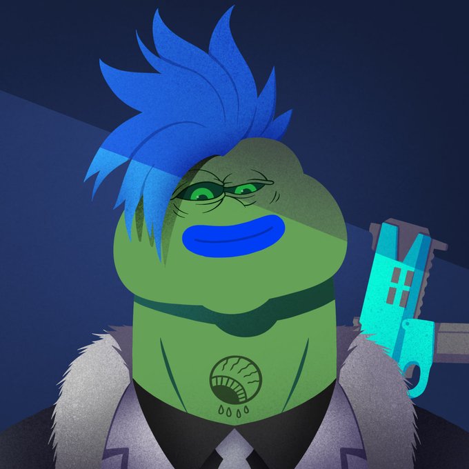 A digital illustration depicts a green Pepe the Frog character with a blue mohawk hairstyle, a smug expression, and glowing green eyes, wearing a fur-collared coat and a necklace featuring a mushroom symbol, while holding a cyan pixel-art pistol against a dark blue background; the image's edgy, "cool" Pepe aesthetic complements the post's announcement about opening a Discord for the TrustUsNFT and PepeExplorers communities, fitting the meme-inspired crypto NFT branding.