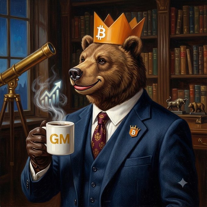 An illustrated portrait of a bear wearing a blue suit and a Bitcoin-themed crown, holding a 'GM' coffee mug with steam forming an upward chart arrow, set in a library with bull and bear figurines.