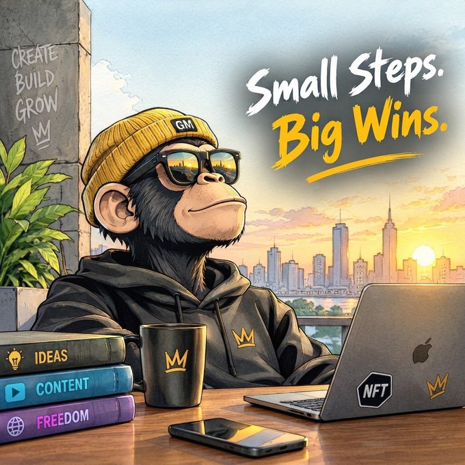 An illustrated cartoon of a chimpanzee wearing a yellow 'GM' beanie and sunglasses, sitting at a desk with a laptop labeled 'NFT'. The image includes the text 'Small Steps. Big Wins.' and books labeled 'IDEAS', 'CONTENT', and 'FREEDOM'.
