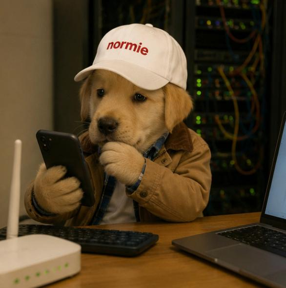 The image features a small, light brown dog wearing a baseball cap with the word "NORMIE" written on it. The dog appears to be sitting at a desk next to a laptop computer. The dog's paw is holding a cell phone in its mouth.