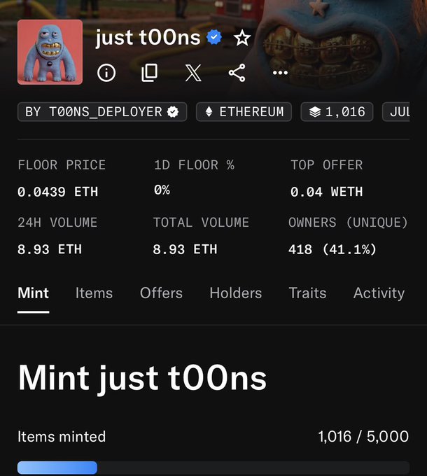 A mobile screenshot of the "just t00ns" NFT collection on Ethereum, showing a floor price of 0.0439 ETH, 1,016 items minted of 5,000, and 418 unique owners, highlighting the price jump from $80 noted in the caption.