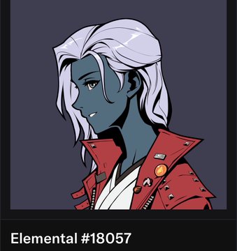 A stylized digital illustration labeled 'Elemental #18057' depicting a blue-skinned character with long white hair wearing a red jacket.