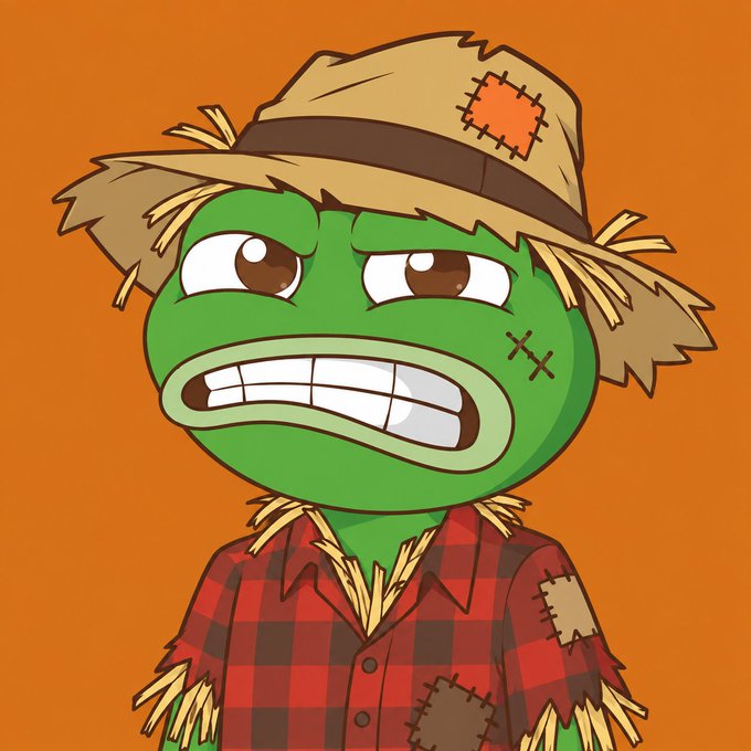 A grumpy green cartoon frog dressed as a scarecrow, wearing a patched straw hat and a red plaid shirt, is featured as part of a "Frogtober" series with a link to a Discord community for "Holders."
