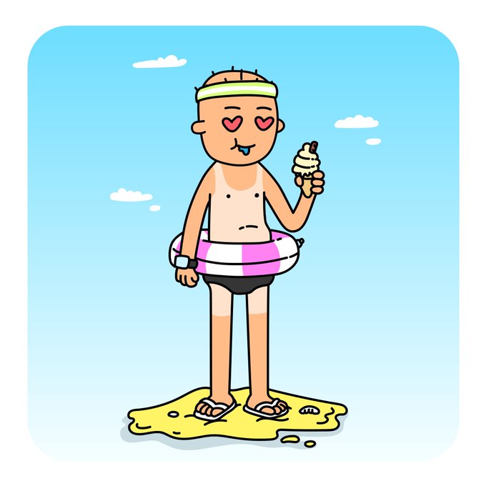 A cartoon man in swim trunks, headband, and floatie stands on a beach with heart eyes while eating ice cream, playfully fitting the giveaway's summer vibes for the 5x GTD Spots contest.