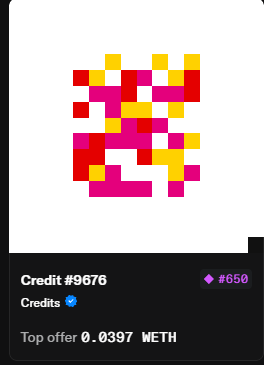 A digital NFT listing card displaying a colorful pixelated artwork, labeled 'Credit #9676' with a value of '#650' and a top offer of '0.0397 WETH'.