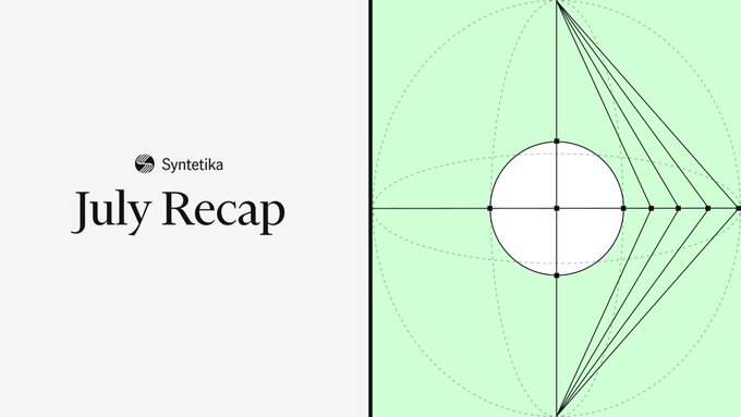 The image is a "July Recap" header graphic for Syntetika, featuring the company's logo on a light gray background paired with a green geometric design showing circles and lines on the right. It serves as the title card for Syntetika's monthly summary, which highlights key developments including Jorge Cuartero's appointment as CEO and their first AMA livestream featuring guests from CryptoKotler and HilbertCapital.