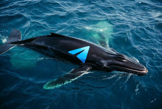 A humpback whale swims in deep blue ocean water, with a blue Telegram paper airplane logo superimposed on its side.