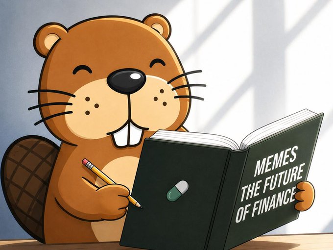 A cartoon illustration of a smiling beaver holding a pencil and reading a book called 'MEMES the future of finance'.
