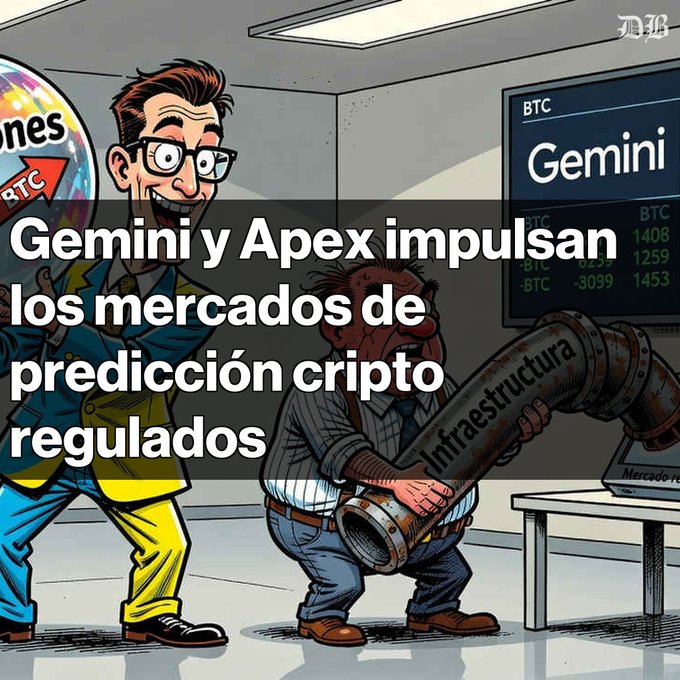 A cartoon illustration of two men, one holding a large pipe labeled 'infraestructura', with Spanish text reading 'Gemini y Apex impulsan los mercados de predicción cripto regulados'.