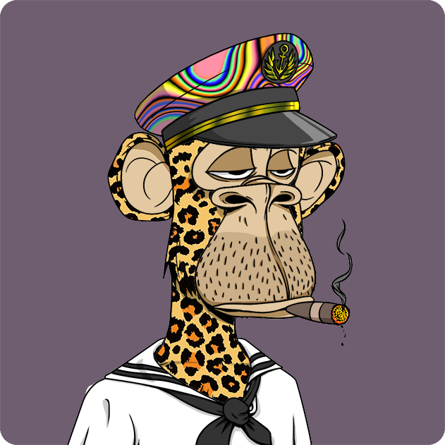 Digital illustration of a Bored Ape-style cartoon ape character in a sailor outfit, wearing a colorful iridescent captain's hat and smoking a cigar.