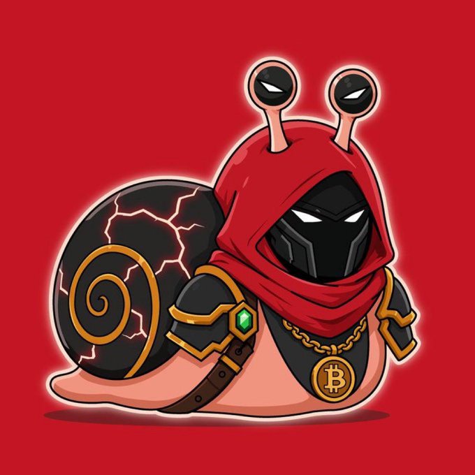 A cartoon illustration of a snail character wearing a red hood/mask with glowing eyes, dark armor with gold trim, a Bitcoin necklace medallion, and a large cracked shell with a spiral design on a red background.