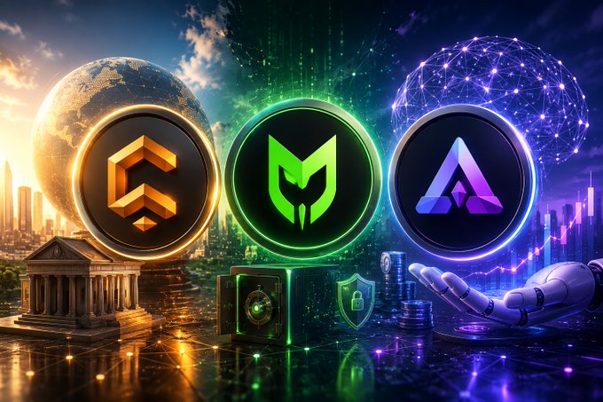 A vibrant digital artwork showcases three crypto coin logos - a gold Binance-style coin, a green symbol, and a purple AVAX coin - displayed against futuristic cityscapes with a globe, safe, and robotic hand.