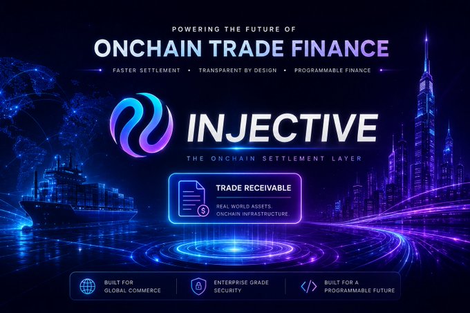 Promotional banner for 'INJECTIVE - THE ONCHAIN SETTLEMENT LAYER' about onchain trade finance, featuring a futuristic cityscape and a 'TRADE RECEIVABLE' badge for real-world assets onchain infrastructure.