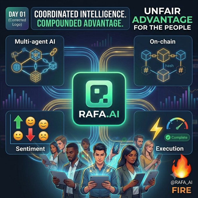 The image features a group of people standing together, with one person holding a tablet computer. They appear to be engaged in an activity or discussion related to the post about multi-agent AI. The caption above the image reads "Institutions had the advantage for 50 years !!! @RAFA_AI just democratized it. Multi-agent AI + On-chain + Sentiment + Execution = Unfair advantage for the people." This statement suggests that the use of multi-agent AI could potentially give certain institutions an unfair advantage over others, as they can manipulate and control information more effectively than individuals who do not have access to such technology.