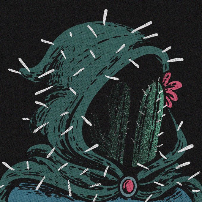 A dark artistic illustration of a teal-colored cactus with a stylized red flower, surrounded by white radiating lines against a black background, featuring a small red ladybug at its base.