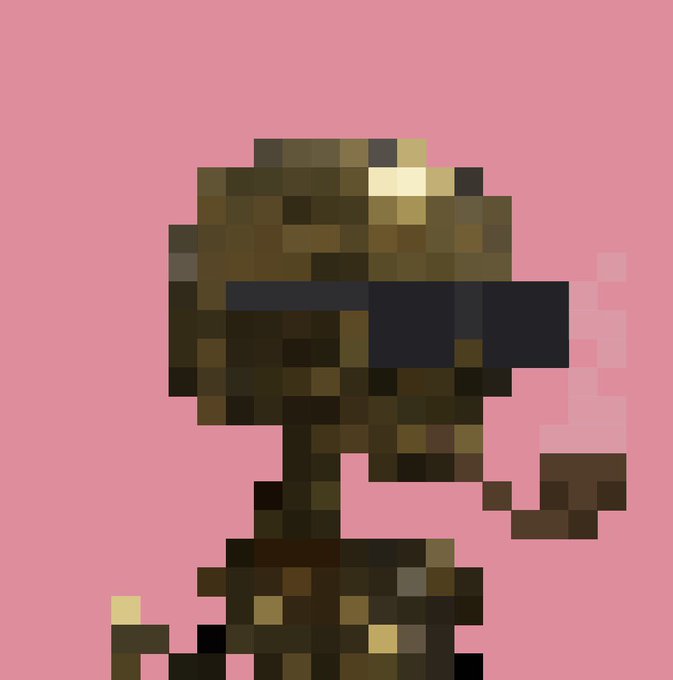 A pixelated brown-haired figure wearing a dark blue bandana over its eyes and a brown outfit is shown in profile against a pink background, with a wispy smoke-like element trailing from its mouth area, appearing as a CryptoPunk-style character.