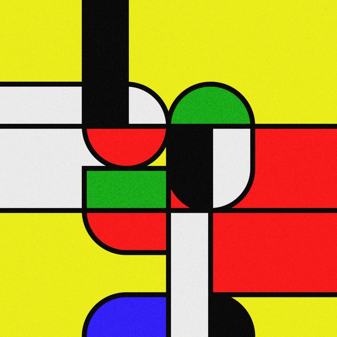 Abstract geometric design featuring bold yellow, red, green, blue, black, and white shapes arranged in a Mondrian-style composition with rounded rectangles.