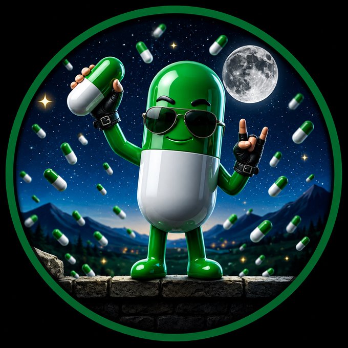 A 3D illustration depicts a green and white pill-shaped character wearing sunglasses and fingerless gloves, posing with a peace sign under a starry night sky with a full moon, surrounded by floating green and white capsules.