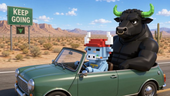 A 3D pixel-art style illustration of a horned bull character and a white helmeted pixel character riding in a green convertible car past a desert landscape with a 'KEEP GOING' road sign.