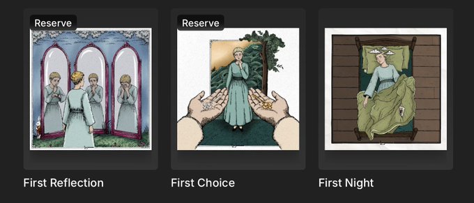 Three tarot-style cards displayed on a dark background: 'First Reflection' showing a figure before mirrors, 'First Choice' showing hands presenting objects to a figure, and 'First Night' showing a figure in bed, with the first two cards marked 'Reserve'.