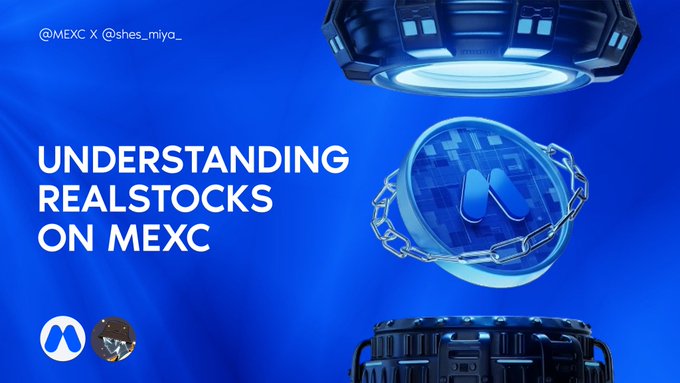 The image features a blue background with three different objects, including a large circle of light, a chain, and a black box. The text "Understanding RealStocks On MXC" is written above each object. The objects are arranged in a way that suggests they represent various aspects of real estate investing or stock trading. The post seems to be promoting the idea of understanding real estate investing through these visual representations.