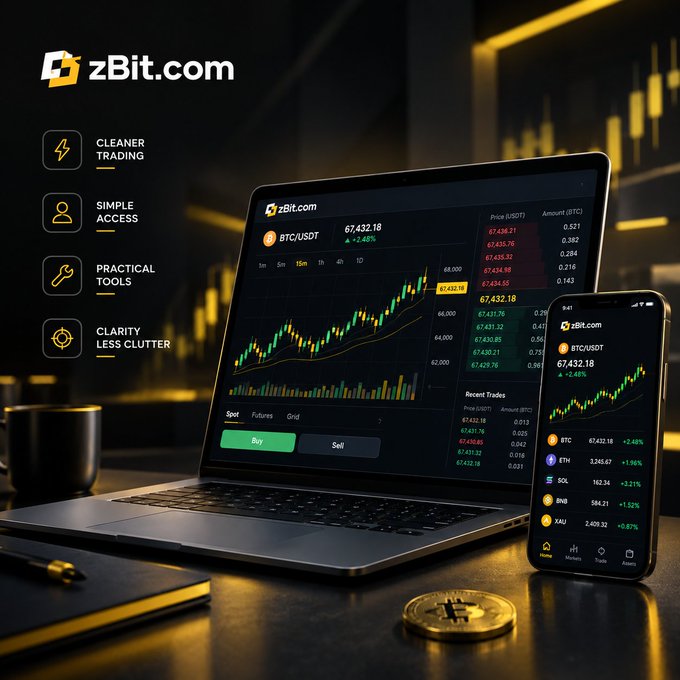 A laptop and smartphone display zBit.com's sleek crypto trading interface, showing the BTC/USDT pair at 67,432.18 (+2.48%) alongside a candlestick chart and recent trades for ETH, SOL, BNB, and XAU. The ad emphasizes four benefits—"Cleaner Trading," "Simple Access," "Practical Tools," and "Clarity, Less Clutter"—reinforcing the post's message that the platform offers a streamlined, intuitive trading experience.