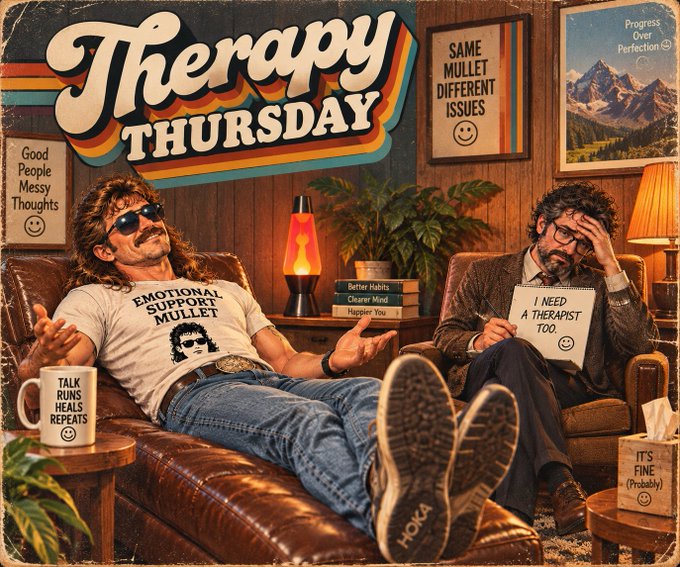 A retro-styled poster reads 'Therapy Thursday' and 'Same Mullet Different Issues,' showing two men relaxing in a 1970s-style living room.