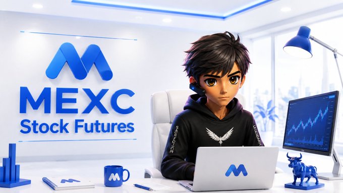 A 3D animated character in a black hoodie sits at a desk with a laptop, next to a blue "MEXC Stock Futures" logo and a monitor showing a rising chart.