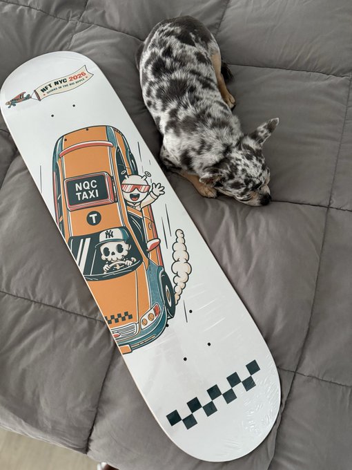 A new skateboard deck featuring "NQT TAXI" artwork and "NYX NYC 2024" branding rests on a gray couch next to a spotted dachshund, with the post thanking Danielle from @TheQuirkLife for the surprise drop—likely a special NFT or merch release tied to the Quirkies community.